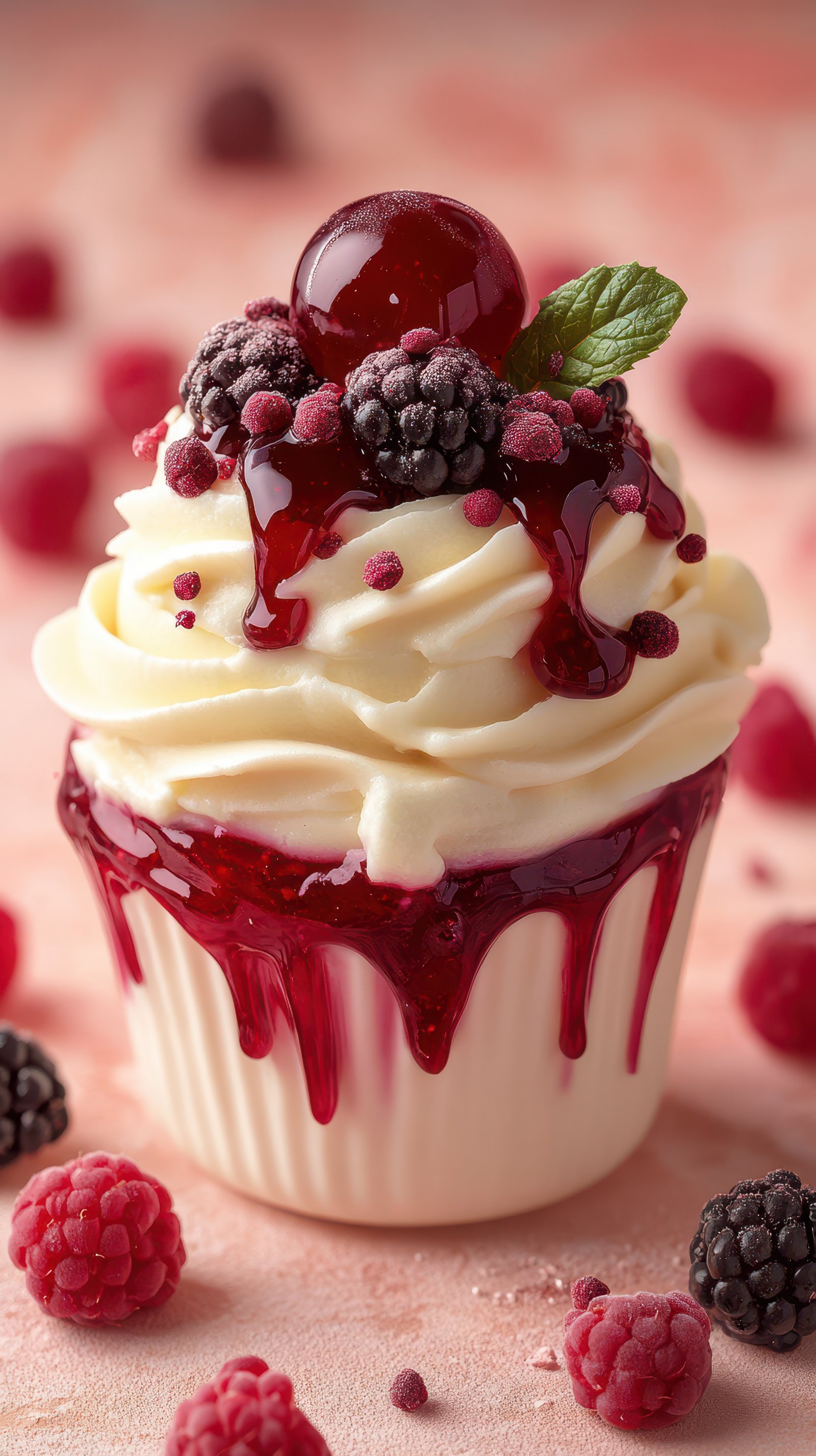 Delicious cupcake topped with berries and syrup in a sweet setting